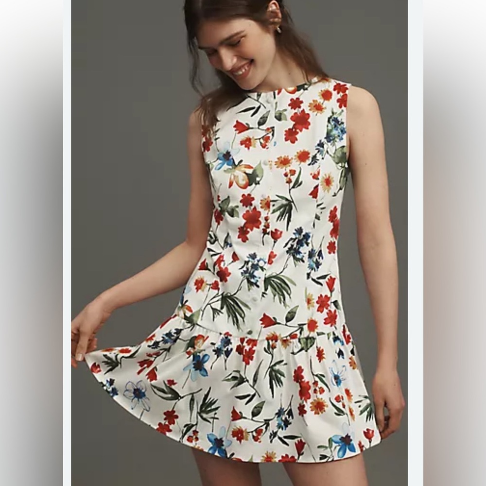 Floral Sleeveless Midi Dress - White with Red & Blue Floral